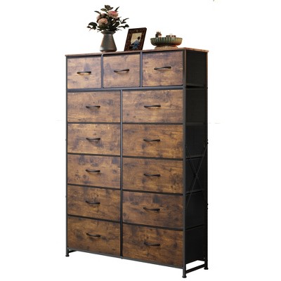 Tall Dresser with 13 Drawers, Fabric Storage Organizer Chest for Bedroom, Sturdy Steel Frame with Wood Top