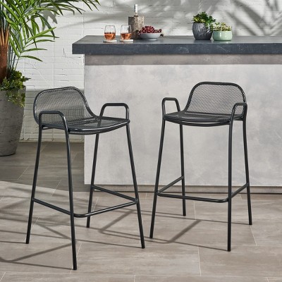 Coolbibila Modern 28'' H Patio Height Bar Stools Set Of 2,Outdoor Metal Armrest Bar Stool with Mesh Seating,Low Backrest Bistro Bar Stool