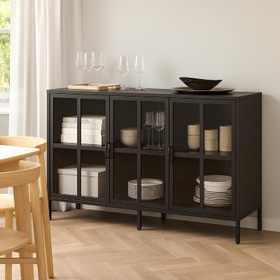 Homy Casa Modern 4 Door Glass Front Storage Cabinet with Adjustable Shelves for Living Room or Dining Room, Black
