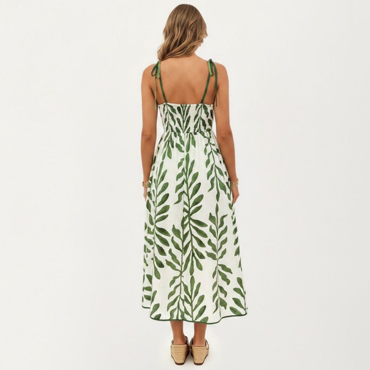 Anna-Kaci Women's Sleeveless Midi Dress with Leaf Print Tie Shoulder Straps Smocked Back Flowy A-Line Silhouette - thumbnail 4