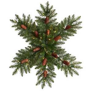 Nearly Natural 30" LED Dunhill Fir Snowflake Artificial Christmas Wreath with Pinecones Green with Warm White Lights - 1 of 4