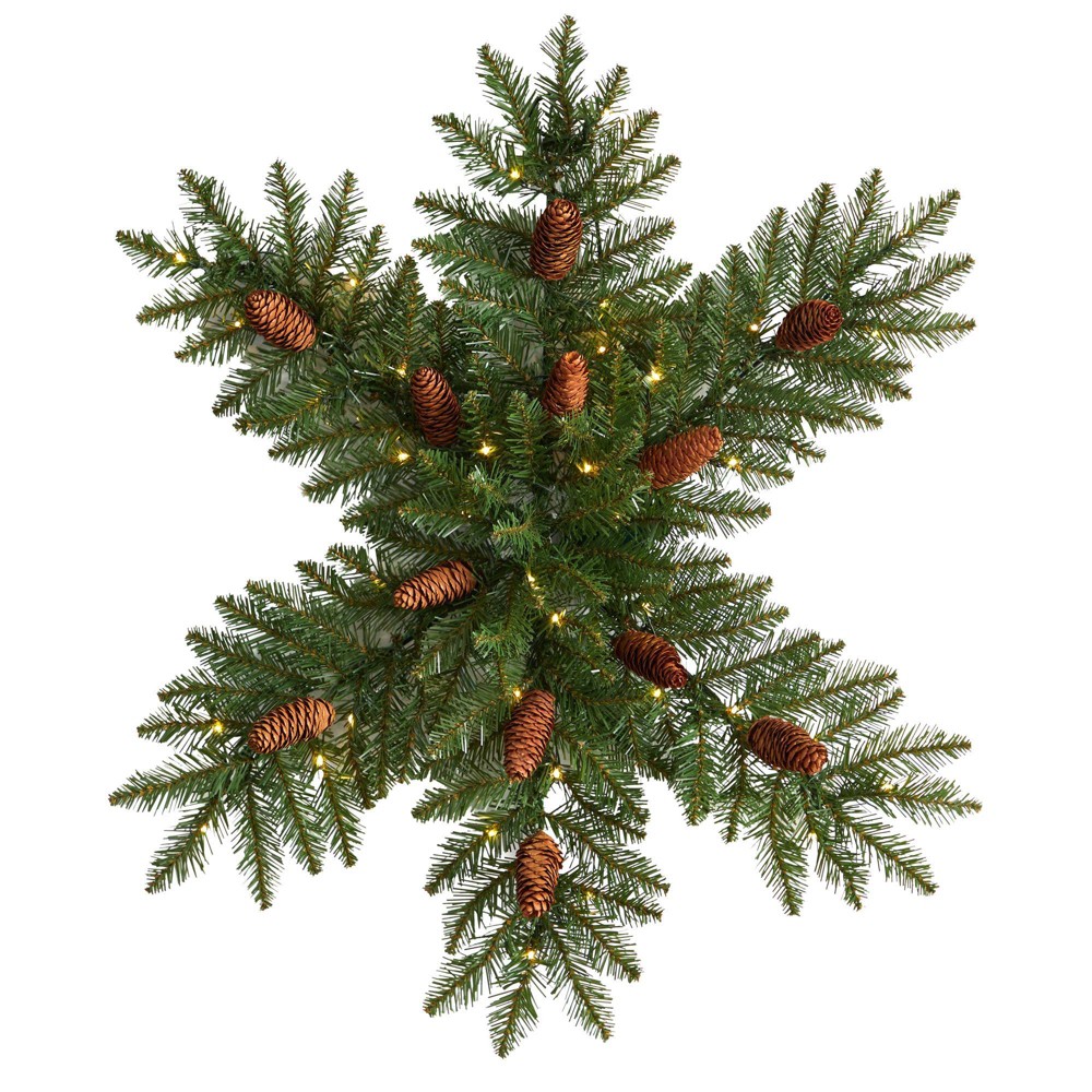 Nearly Natural 30" LED Dunhill Fir Snowflake Artificial Christmas Wreath with Pinecones Green with Warm White Lights