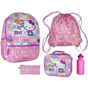 Sanrio Hello Kitty Backpack 5 Piece Set Lunch Bag Cinch Bag Gadget Case Water Bottle - 1 of 4