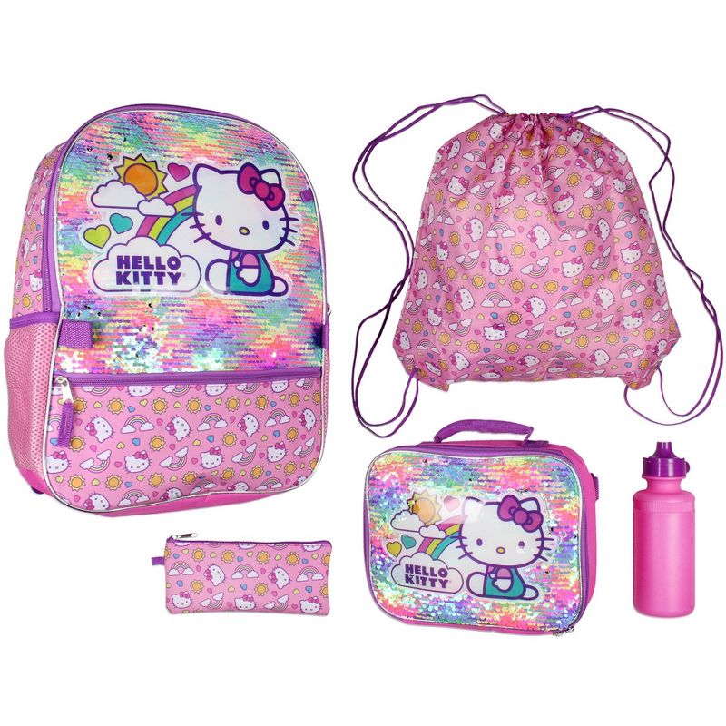 Hello Kitty Backpack 5 Piece Set Lunch Bag Cinch Bag Gadget Case Water Bottle Pink, 1 of 8