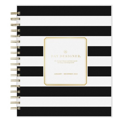 Day Designer 2024 Planner 8&#34;x10&#34; Daily/Monthly Frosted Cover Rugby Stripe Black