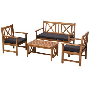 Outsunny 4 Piece Acacia Wood Outdoor Patio Furniture Set with 2 Armchairs, 1 Sofa, & 1 Coffee Table, Cushions Included - 1 of 4
