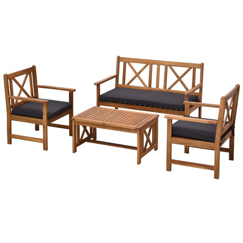 Outsunny 4 Piece Acacia Wood Outdoor Patio Furniture Set with 2 Armchairs, 1 Sofa, & 1 Coffee Table, Cushions Included, 1 of 8