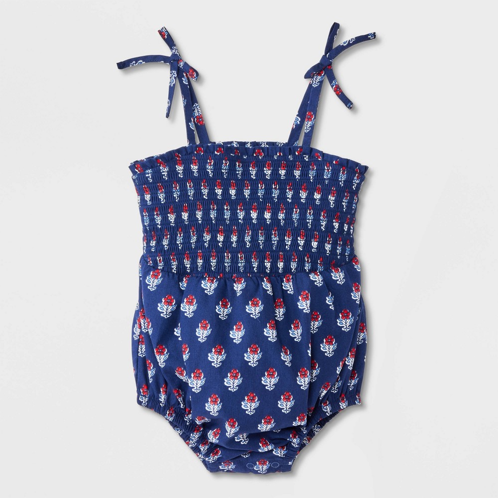 Baby Girls' Floral 4th of July Smocked Romper - Cat & Jack™ Navy Blue Newborn