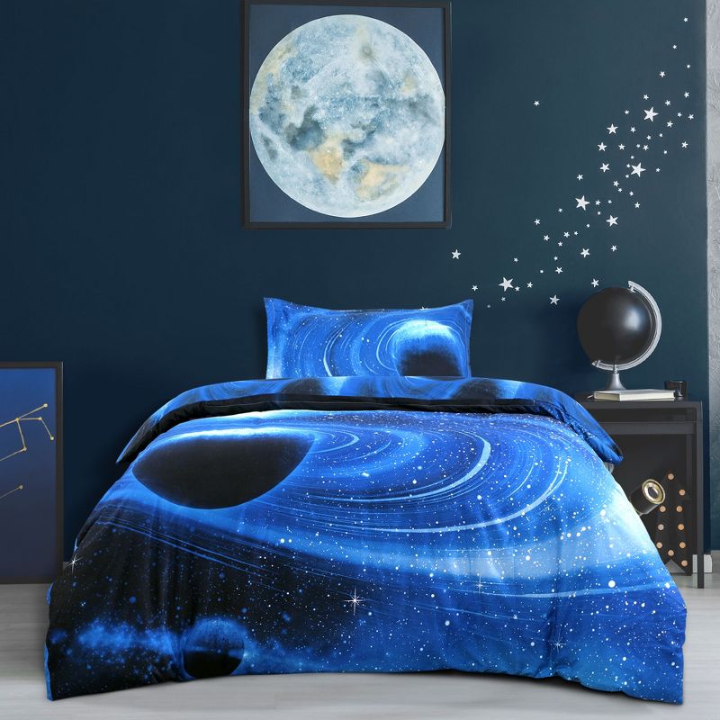 PiccoCasa Galaxies Duvet Cover Sets 1 Duvet Cover 1 Flat Sheet 1 Pillow Shams 3 piece Twin Navy Blue, 2 of 7
