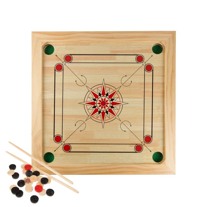 Toy Time Classic Carrom Strike-and-Pocket Tabletop Board Game With Cue Sticks, Coins, and Striker - Pine, 1 of 7