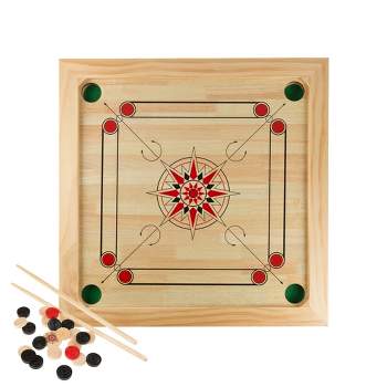 Toy Time Classic Carrom Strike-and-Pocket Tabletop Board Game With Cue Sticks, Coins, and Striker - Pine