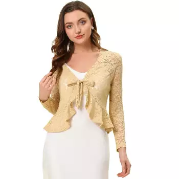 Allegra K Women's Tie Front Crop Cardigan Ruffled Hem Floral Lace Sheer  Shrug Beige Medium : Target