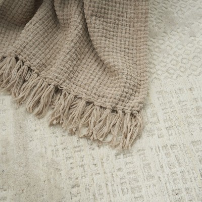 Beige Knitted Chenille Throw Blanket with Tassels 50" x 60"