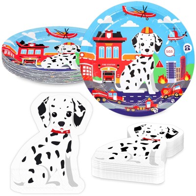 DYLIVeS Firetruck and Dog Plates Napkins Set,Fire Station Dinner Plates Spotted Dogs Napkins Disposable Tableware Fire Truck Birthday Decorations