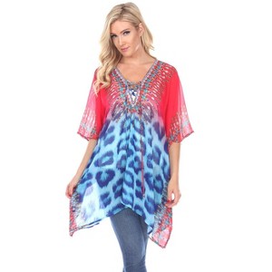Women's Animal Print Caftan with Tie-up Neckline Pink Leopard One Size Fits Most - White Mark - 1 of 3