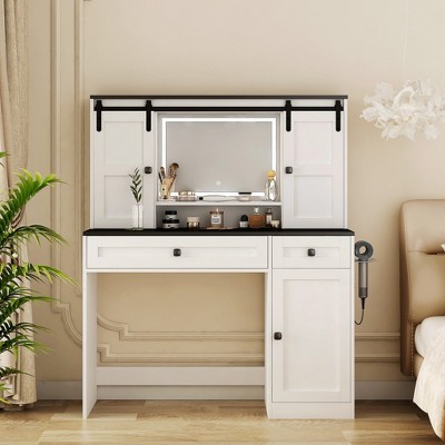 HDZNVF 43 inch Wide Dressing Table with Makeup Drawer and Hair Dryer Holder, White