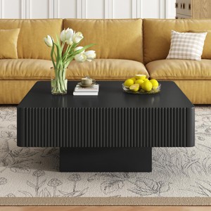 31.6" Modern Square Fluted Coffee Table with Thick Top and Pedestal Base, Black Minimalist Center Table for Living Room -3irtyhousy - 1 of 4