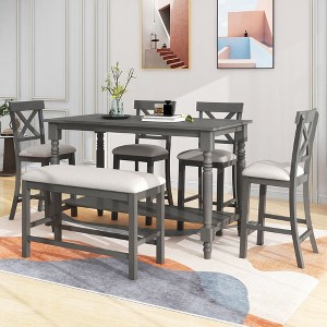Dining Table Set With Bench For 6 Persons Rectangle Table With Upholstered Chairs 1 Bench Wood Elegant Kitchen Table Chairs Set - 1 of 4