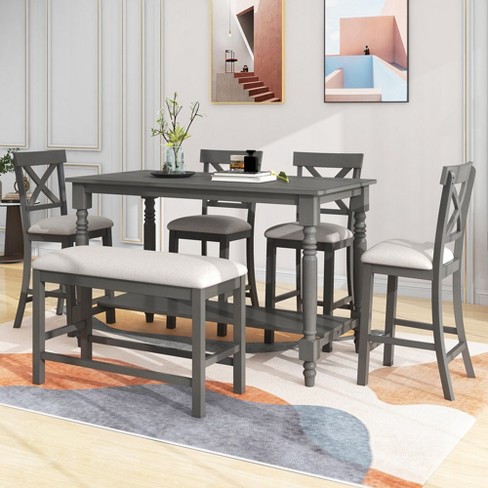 Dining Table Set With Bench For 6 Persons Rectangle Table With Upholstered Chairs 1 Bench Wood Elegant Kitchen Table Chairs Set - image 1 of 4