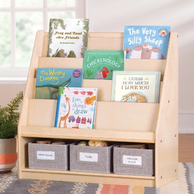 Natural Wooden Kids Book and Bin Display with Fabric Bins