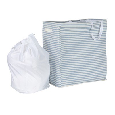 Blue and White Striped Rectangular Double Laundry Sorter with Handles