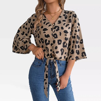 Womens 3/4 Bell Sleeve Blouse Tie Front Knot V Neck Tops Front Button Leopard Print Blouse Summer Casual Crop Top Blouse