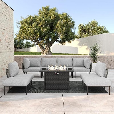 LayinSun 9 Pieces Rope Woven Patio Furniture Set, Modern Modular Sectional Sofa with Fire Pit Table and Upgrade Thickness Cushion