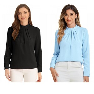 INSPIRE CHIC Women's Business Casual Stand Collar Chiffon Long Sleeve Blouse 2 Packs - 1 of 4