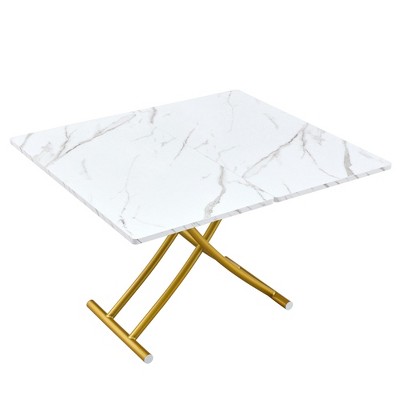 Vynxaria Modern Minimalist Multifunctional Lift Table White Textured 0.8" MDF Top, Golden Metal Legs, 18.3"-29" Height, Foldable