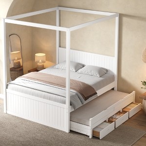 GDFStudio Aspen Modern Farmhouse Wood Canopy Platform Bed with Trundle ...