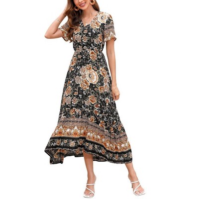 WhizMax  Women's Boho High-Waisted Beach Short Sleeve V-neck Casual Floral-Print Maxi Dress