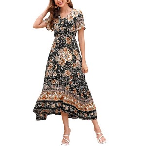 WhizMax  Women's Boho High-Waisted Beach Short Sleeve V-neck Casual Floral-Print Maxi Dress - 1 of 4