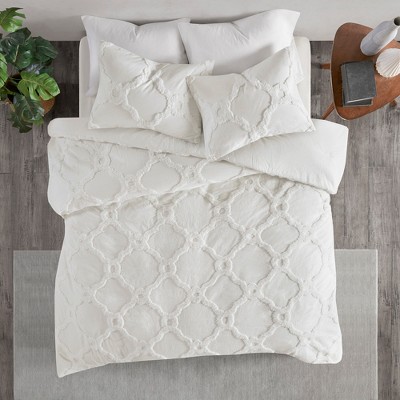 3pc King/California King Leena Cotton Geometric Duvet Cover Set White: Madison Park, Lightweight, OEKO-TEX Certified
