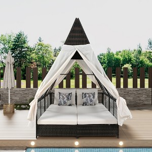 Outdoor Adjustable Daybed with Canopy & Cushions – PE Rattan, 4 Reclining Positions, Privacy Curtains – for, Poolside, Garden-- Frevyn - 1 of 4