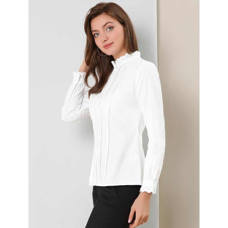 Allegra K Women's Mock Neck Blouse Ruffle Work Office Cotton Pleated Button Up Shirt, 4 of 7