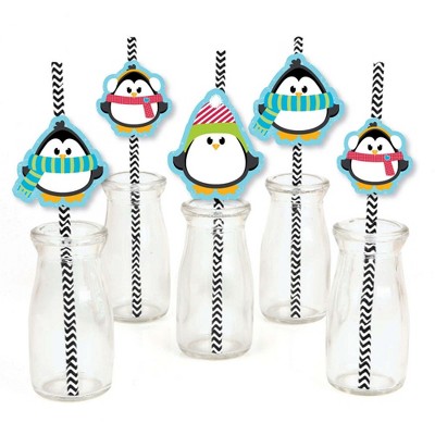 Big Dot of Happiness Holly Jolly Penguin Paper Straw Decor - Holiday & Christmas Striped Decorative Straws - Set of 24