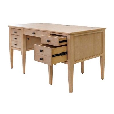 Light Brown Wood Home Office Desk with USB Ports and Drawers