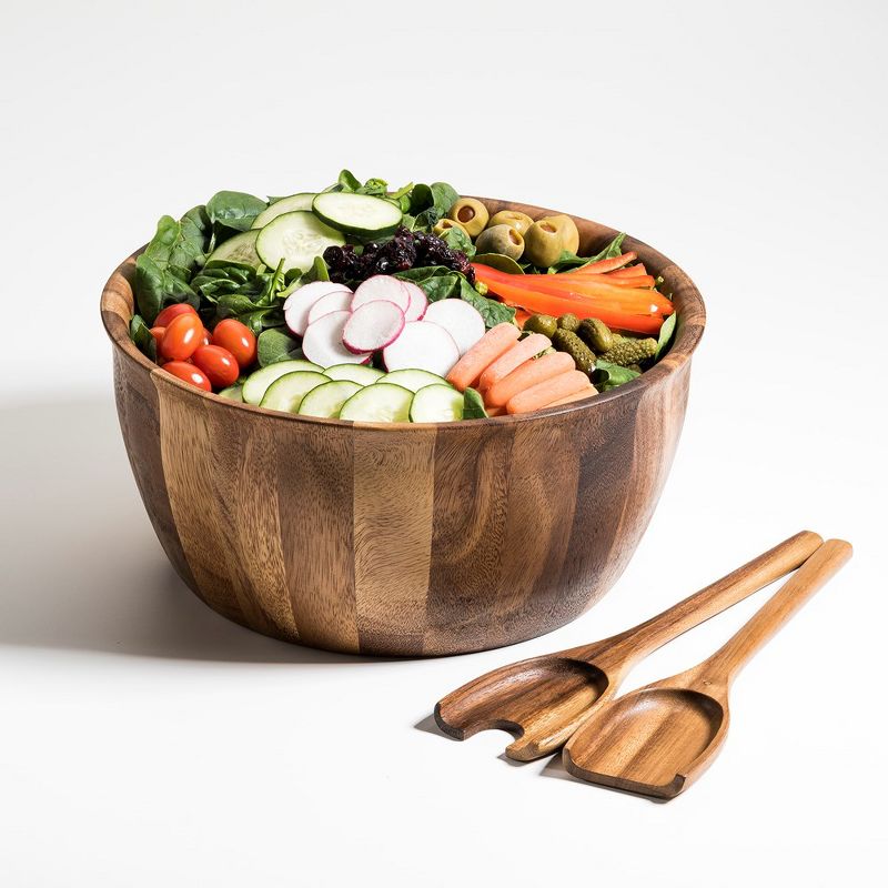 Kalmar Home Solid Acacia Wood X-Large Salad Bowl with Servers, 2 of 4