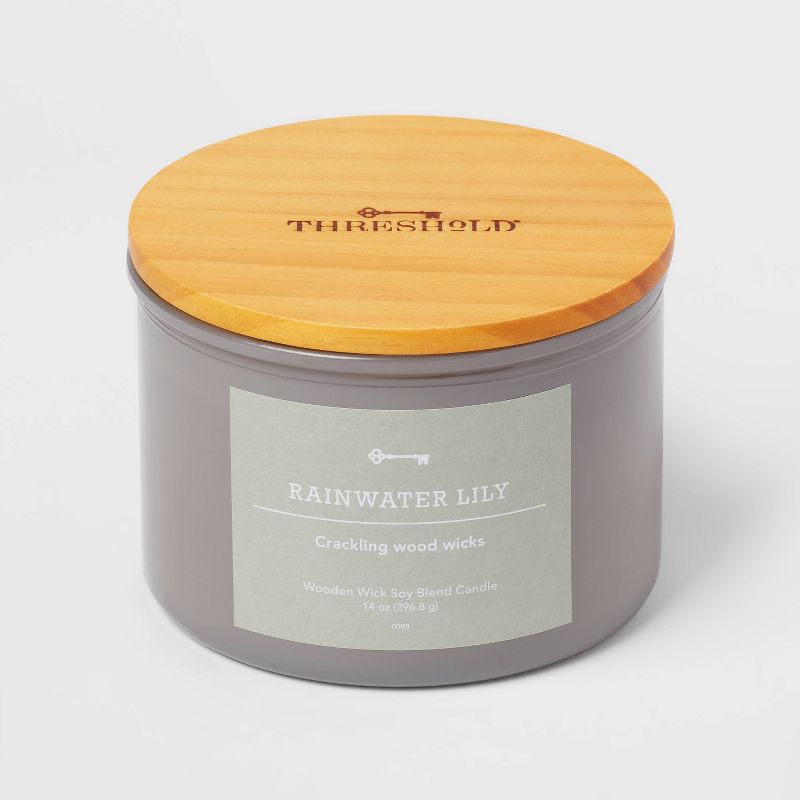 14oz Lidded Gray Glass Jar Crackling Wooden 3-Wick Candle with Paper Label Rainwater Lily - Threshold&#8482;, 1 of 5