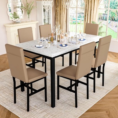Hooseng 7-Piece Dining Room Table and Chairs Set for 6, Modern Kitchen Table Set with Faux Marble & Metal Frame & 6 PU Leather Chairs