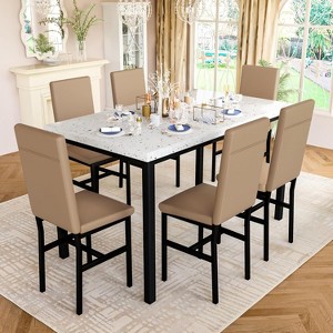 Hooseng 7-Piece Dining Room Table and Chairs Set for 6, Modern Kitchen Table Set with Faux Marble & Metal Frame & 6 PU Leather Chairs - 1 of 4