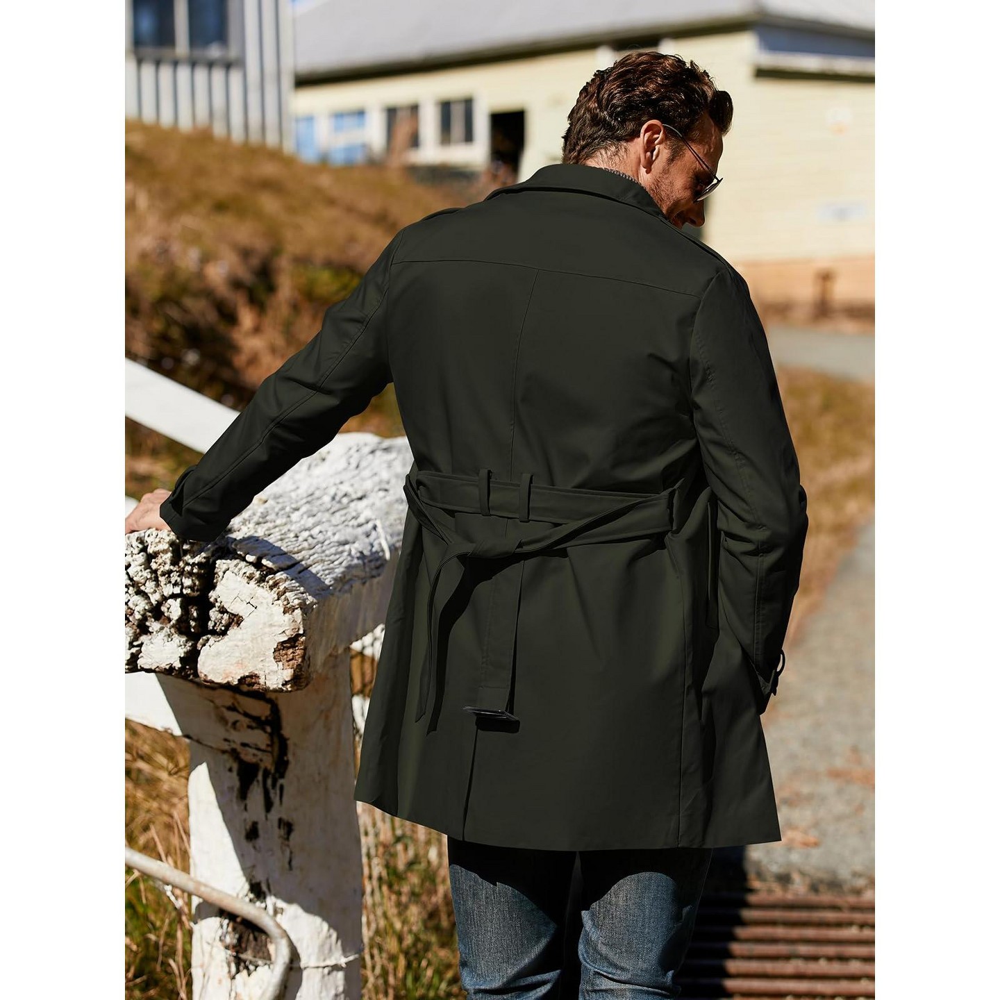Мужская куртка Runcati Mid Length Double Breasted Trench Coat Lapel Windbreaker With Belt Business Casual Outerwear For All Seasons Khaki, цвет: Чёрный — фото 4