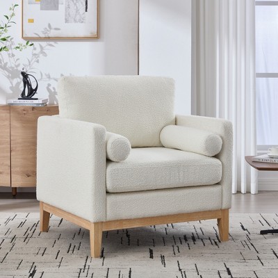 JUJABU 35.4'' Modern Farmhouse Accent Chair with Wood Base and Bolster Pillows – Ivory Boucl