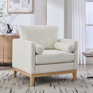 JUJABU 35.4'' Modern Farmhouse Accent Chair with Wood Base and Bolster Pillows – Ivory Boucl - 1 of 4