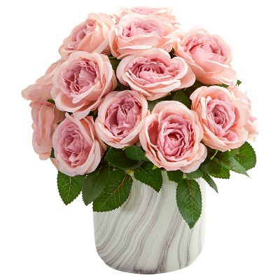 Nearly Natural Rose Artificial Arrangement In Marble Finish Vase, Pink ...