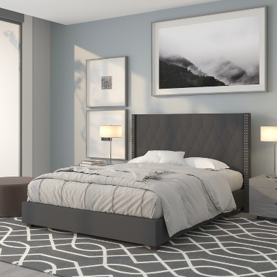 Elegant Dark Gray Queen Upholstered Bed with Nailhead Trim