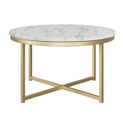 Lavish Home Round Coffee Table With Faux Mable Top And Metal Crossbeam ...