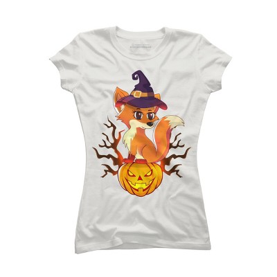 Junior's Design By Humans Cute Witch Fox With Jack O Lantern Halloween Shirt By thebeardstudio T-Shirt