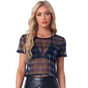 INSPIRE CHIC Women's Mesh Crop Short Sleeve Metallic Party See-Through Crop Shirts - 1 of 4