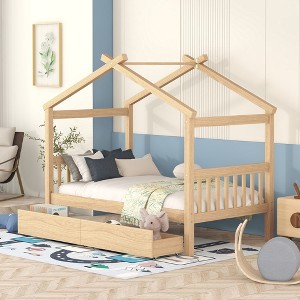 Twin Size Wooden House Bed with Two Drawers - 1 of 4